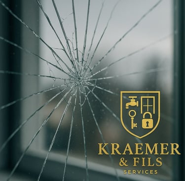 a broken glass window with a logo on it