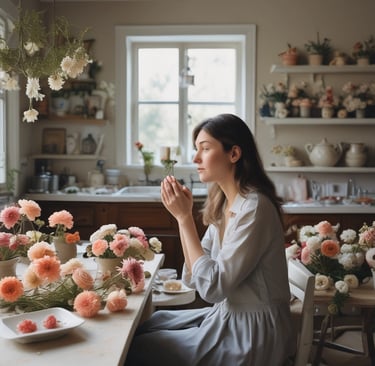woman sat down with her plaster dipped flowers