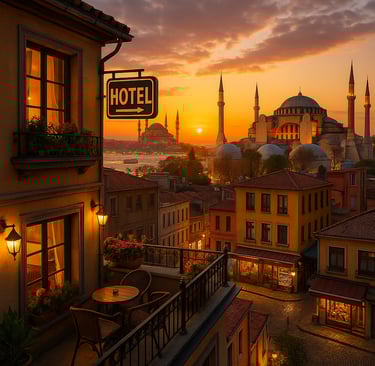 rooftop terrace of a boutique hotel in Istanbul, overlooking the Blue Mosque and Hagia Sophia at sunset, with cozy outdoor se