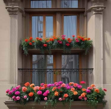 colorful flowers in window box on Paris street