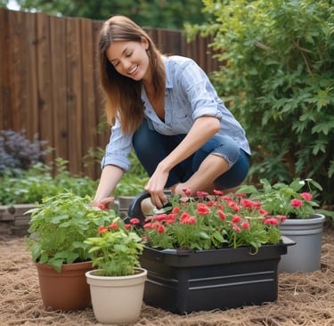 woman container gardening in backyard
