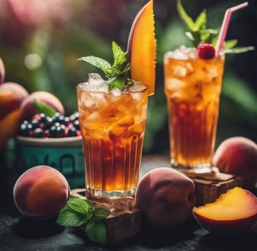 a glass of iced tea with peaches and mint leaves