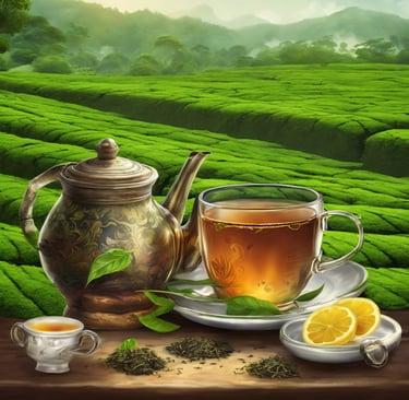a teapot with tea cup and tea estate in back ground