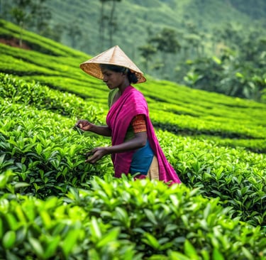 a woman in a straw hat and she is picking tea leaves