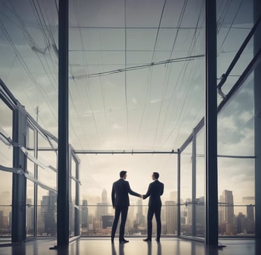 two men shaking hands in a large room