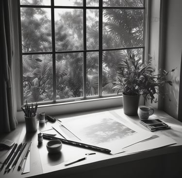 Black and white minimalist photo of a sleek workspace with a laptop and sketchpad.