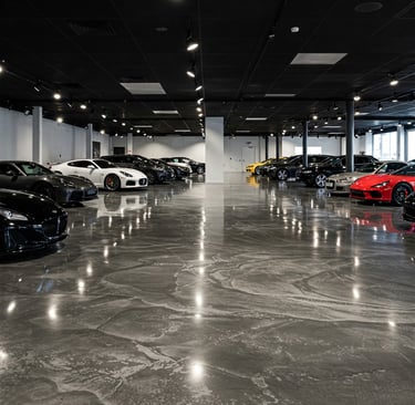 High quality luxury car dealer with metallic epoxy flooring by the epoxy and beyond