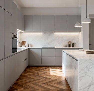 Cocina minimalista moderna a medida con isla en acabado mármol blanco y muebles grises