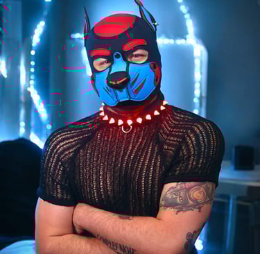 A man in a pup mask with a light-up collar.