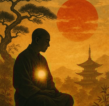 Ilustração de inspiração japonesa mostrando um praticante meditativo com luz no centro do peito.