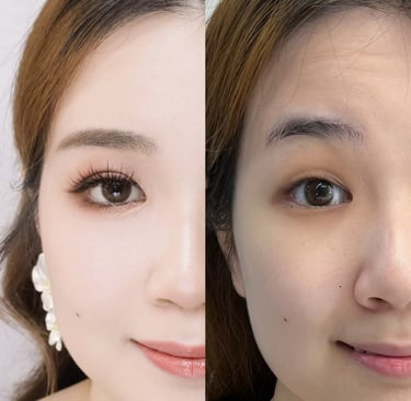 香港新娘化妝的前後對比圖,主要在於眼型調整以及眉形設計