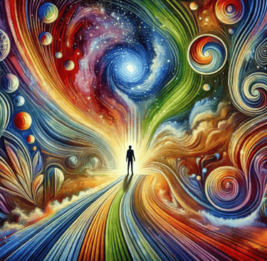 An abstract and colorful portrayal of a human at the start of a journey. 