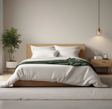 a bed with a blanket and a plant in the middle of it