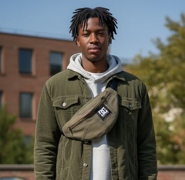 Jeune homme portant un sac banane kaki en bandouillère