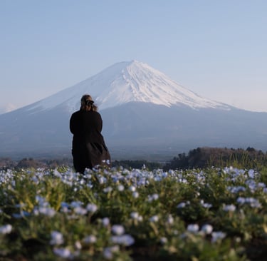 Foto mía de espaldas con el Monte Fuji de fondo