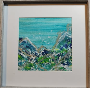 On the Rocks at Hythe, 26 x 26 cm, acrylic and oil pastel on paper, £40