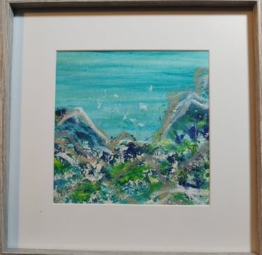 On the Rocks at Hythe, 26 x 26 cm, acrylic and oil pastel on paper, £40