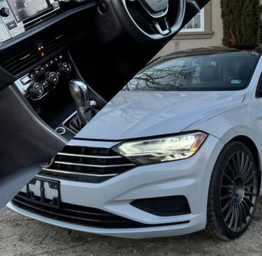Interior and exterior of a white volkswagon