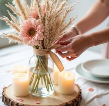 Centre de table DIY avec fleurs séchées et bougies idéal mariage