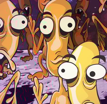 “Group of expressive orange critters with surprised faces in a playful cartoon style - fun character illustration for kids.”