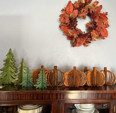 laser engraved and painted slatted tree and pumpkin decorations