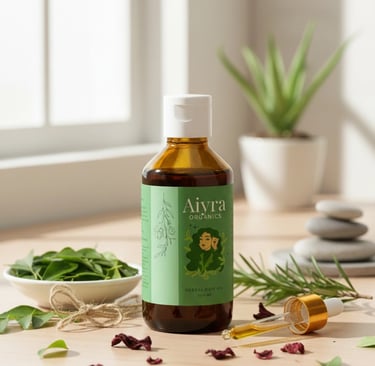 Aiyra Organics herbal hair oil rosemary, curry leaves, and a dropper for natural hair care.