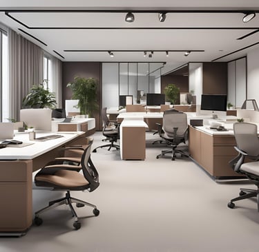 a modern office with a large desk and a large - clayworks mini forestwindow