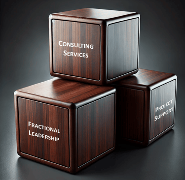 Three stacked building blocks labeled Fractional Leadership, Consulting Services, & Project Support.