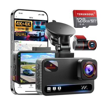Smart car accessories including dash cam, mobile phone holder, and wireless charger inside a modern