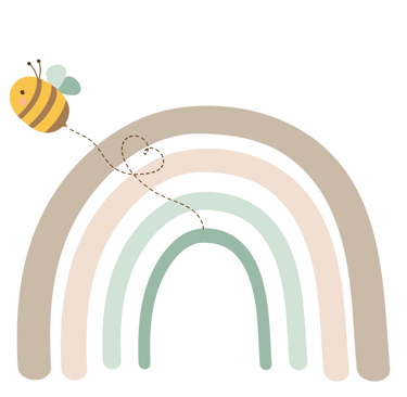 HoneyTree Craftery Logo. Image of a brand colored rainbow and a honeybee with a flight trail behind him shaped like a heart.