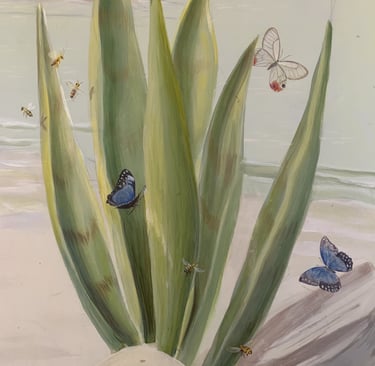 Hand-painted mural detail—butterflies and bees among green leaves, part of Australian nursery mural