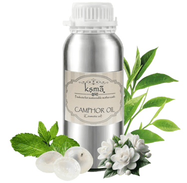 Camphor leaves and camphor essential oil in a silver bottle