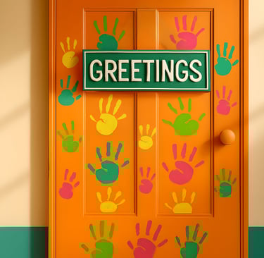 a orange door with colorful handprints and a greetings sign