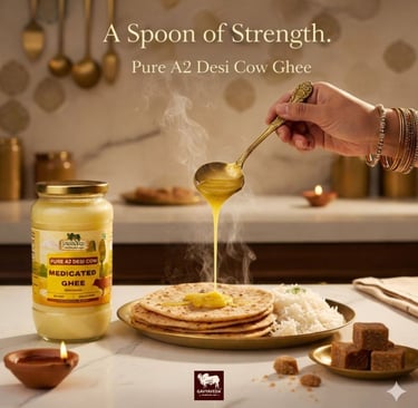 “Gavyaveda A2 Ghee is crafted using the traditional bilona method from pure desi cow milk, preservin