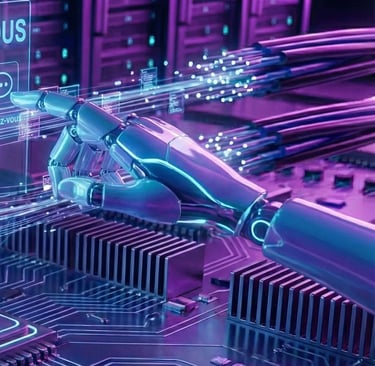 Main robotique activant une interface de contact client virtuelle sur fond de serveurs