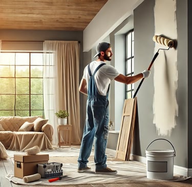 A man in denim overalls and a cap paints a gray wall with a roller in a sunlit living room.