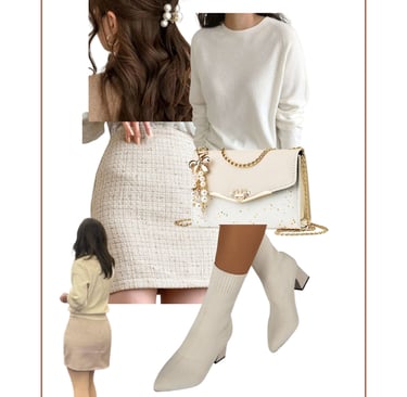 Full outfit collage featuring sweater, tweed skirt, boots, tights, pearl clip, and retro bag.
