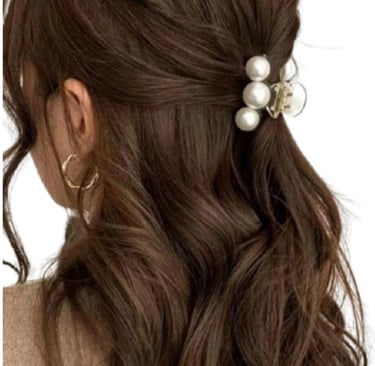 Elegant faux pearl hair claw styled with fall outfit.