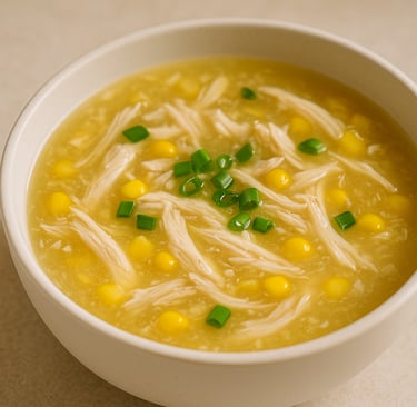 Chicken and corn soup in bowl