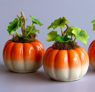 three ceramic pumpkins with plants growing in them