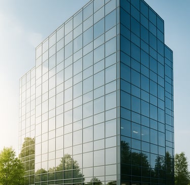a large glass building with a clock on the outside