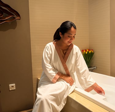 a girl playing with bathtub in spa