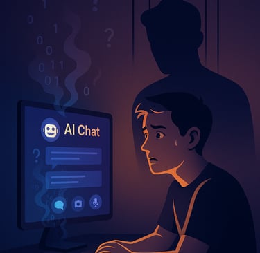 Persona frente a pantalla de IA con sombra en forma de cadenas, simbolizando costos ocultos de la tecnología.