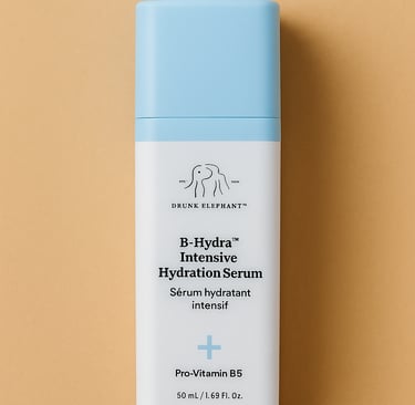 Drunk Elephant B-Hydra Intensive Hydration Serum bottle with a pastel blue cap and white body, featu