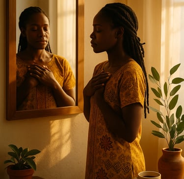 a woman in a yellow dress standing in front of a mirror