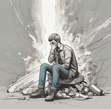 Mostly black and white graphic of man sitting on a wreckage, representing burnout