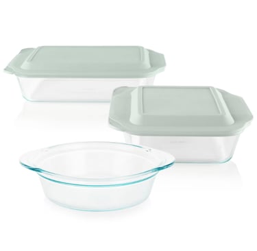 Pyrex deep glass baking dish set 5‑piece with BPA‑free lids, non‑toxic glass bakeware