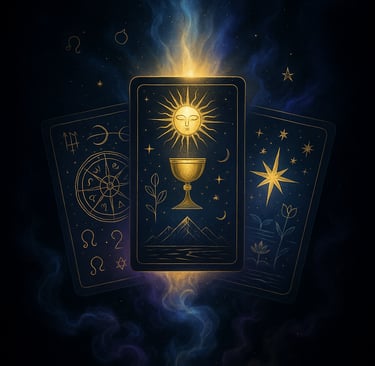 a tarot deck with a gold cup and a cup of coffee