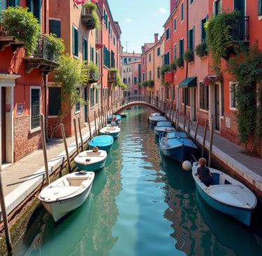 a canal with boats and a bridge in the background