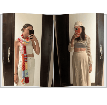 Woman, standing in the mirror, fashioning her self-made croquet scarf and long sleeved crop top